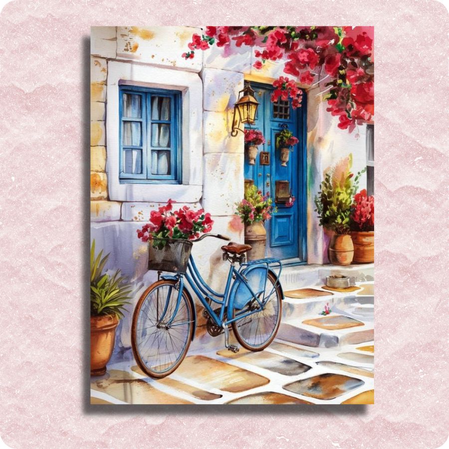 Retro Home Charm - Schilderen op nummer - Schilderij van een blauwe fiets voor een kleurrijk gebouw met bloemen.