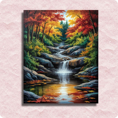Painting of a waterfall in a forest with autumn colors on a pink textured background. Rocky Stream - Paint by numbers