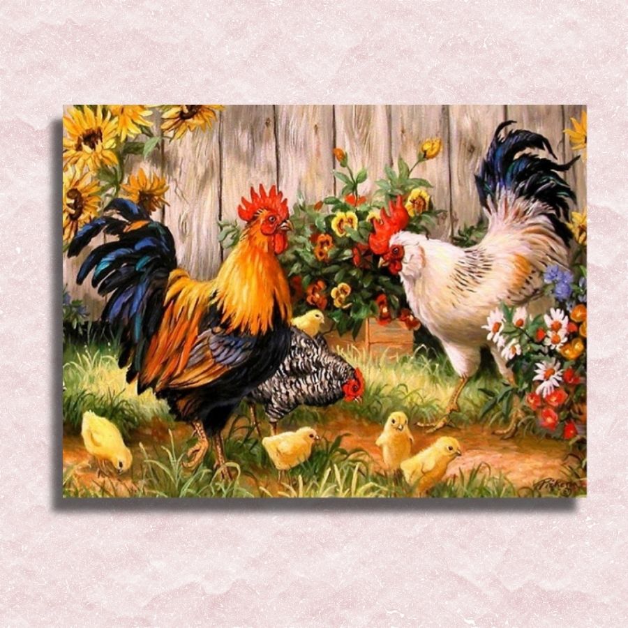 Roosters and Chicken Canvas - Painting by numbers shop