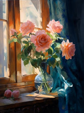Afbeelding laden in galerijviewer, rozen op vensterbank Verven op nummer