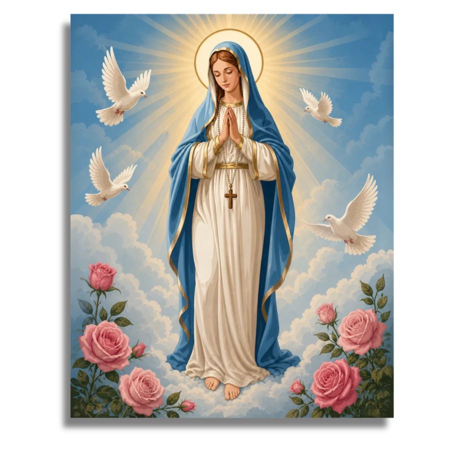 Painting of a Saint Mary with a blue robe, white dress, and pink roses in a heavenly setting. Saint Mary the Virgin Canvas - Paint by numbers