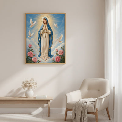 Framed religious artwork of a woman with doves and flowers on a wall in a room with a chair and table.