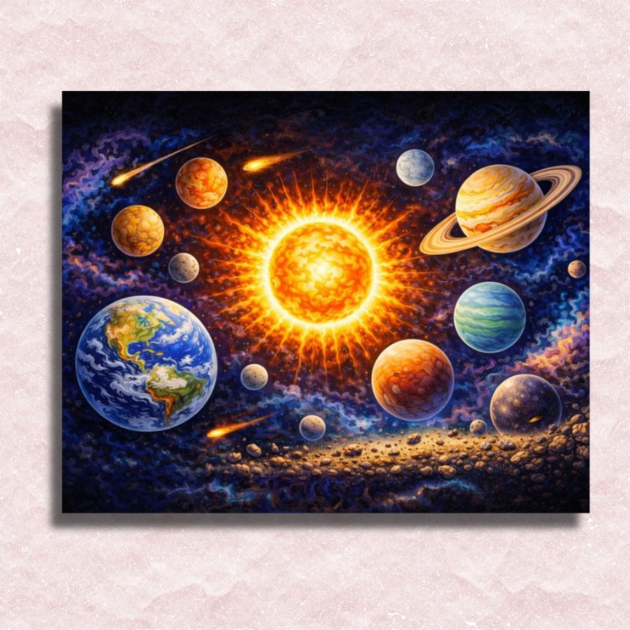 Illustration of the solar system with planets and sun on a textured wall background. Solar System - Paint by numbers