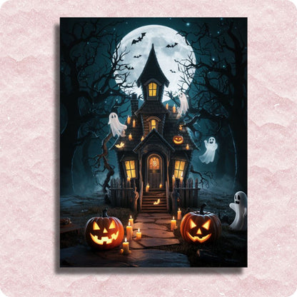Spooky House Canvas - Paint by numbers - Halloween-themed illustration of a haunted house with pumpkins and ghosts on a pink textured background.