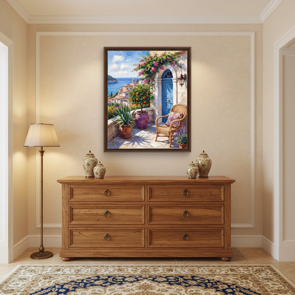 A framed art print depicting a scenic coastal village with a blue door and climbing flowers, displayed on a beige wall above a wooden dresser in a styled room. Sunlit Terrace - Paint by numbers lifestyle