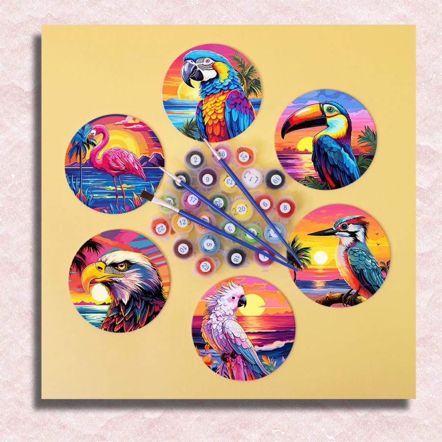 Sunset birds coasters with paints - Paint by numbers