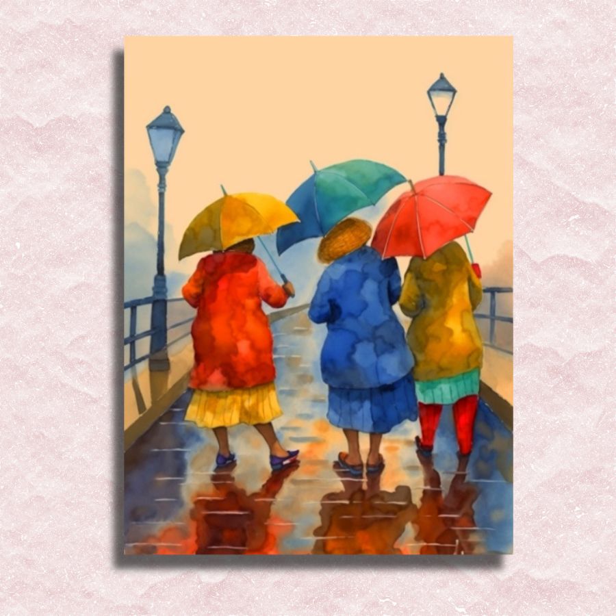 Leinwand „Drei alte Frauen mit Regenschirmen“ – Malen-nach-Zahlen-Shop