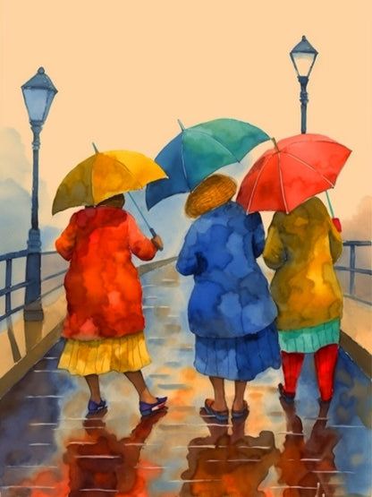 Drie oude vrouwen met paraplu's - Schilderen op nummer winkel