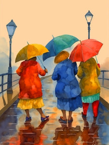 Drei alte Frauen mit Regenschirmen malen nach Zahlen