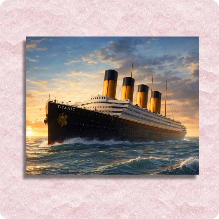 Titanic paint by numbers kit with ship sailing at sunset on the ocean