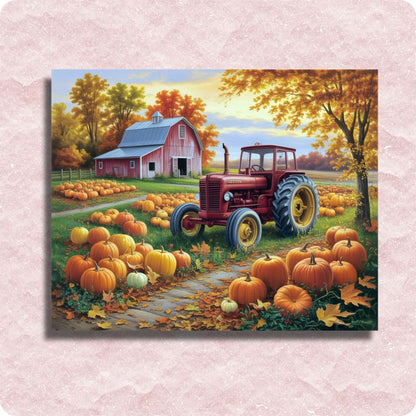 Painting of a red tractor in a field with pumpkins and a barn in the background. Tractor Barn Scene - Paint by numbers