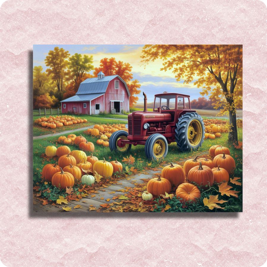 Painting of a red tractor in a field with pumpkins and a barn in the background. Tractor Barn Scene - Paint by numbers