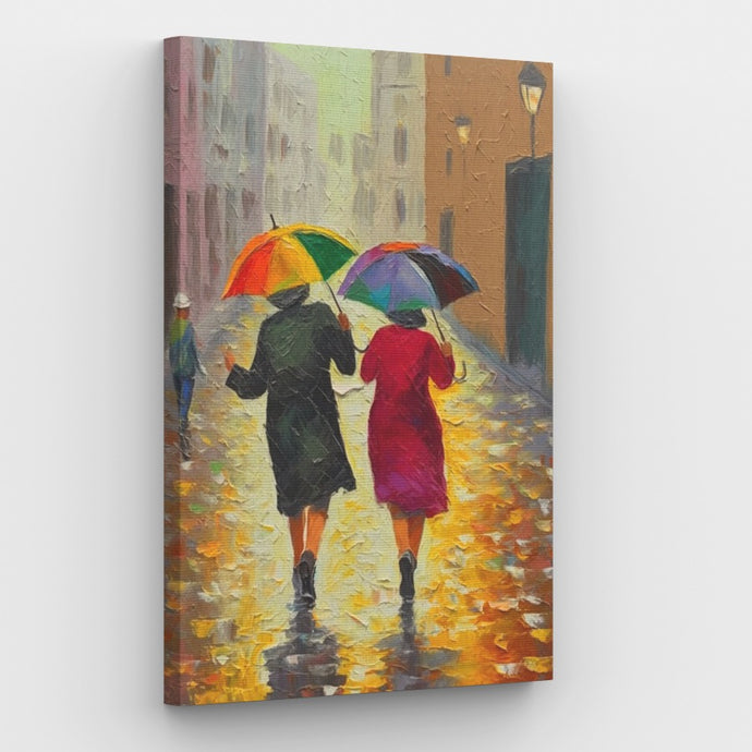 Two Old Ladies Walking in the Rain Canvas - Painting by numbers shop