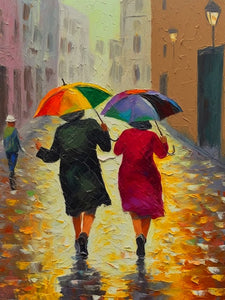 Zwei alte Damen im Regen malen nach Zahlen