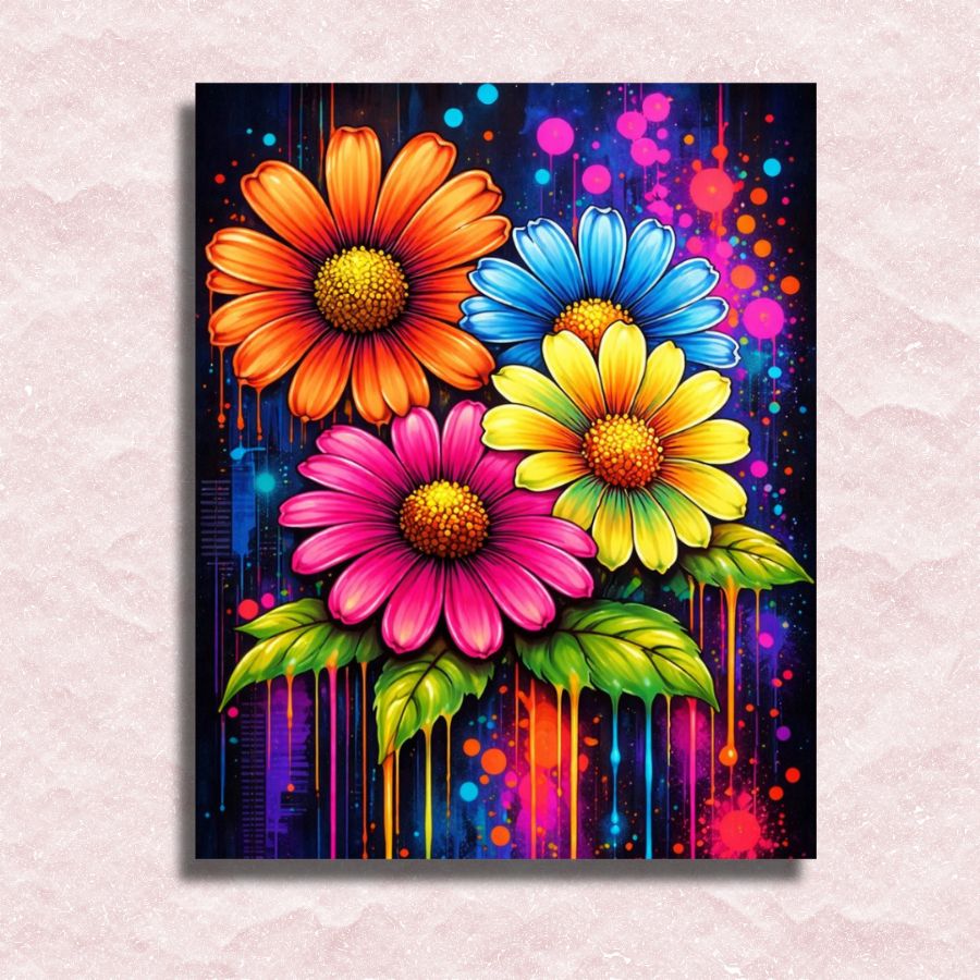 Colorful abstract painting of flowers with vibrant colors on a textured wall. Urban Style Daisies - Paint by numbers