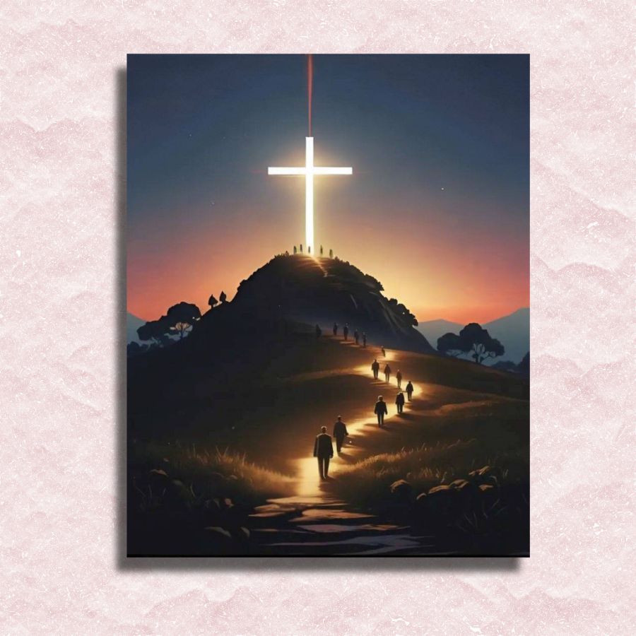 Cross on a hill with people walking towards it at sunset. Walking by Faith - Paint by numbers