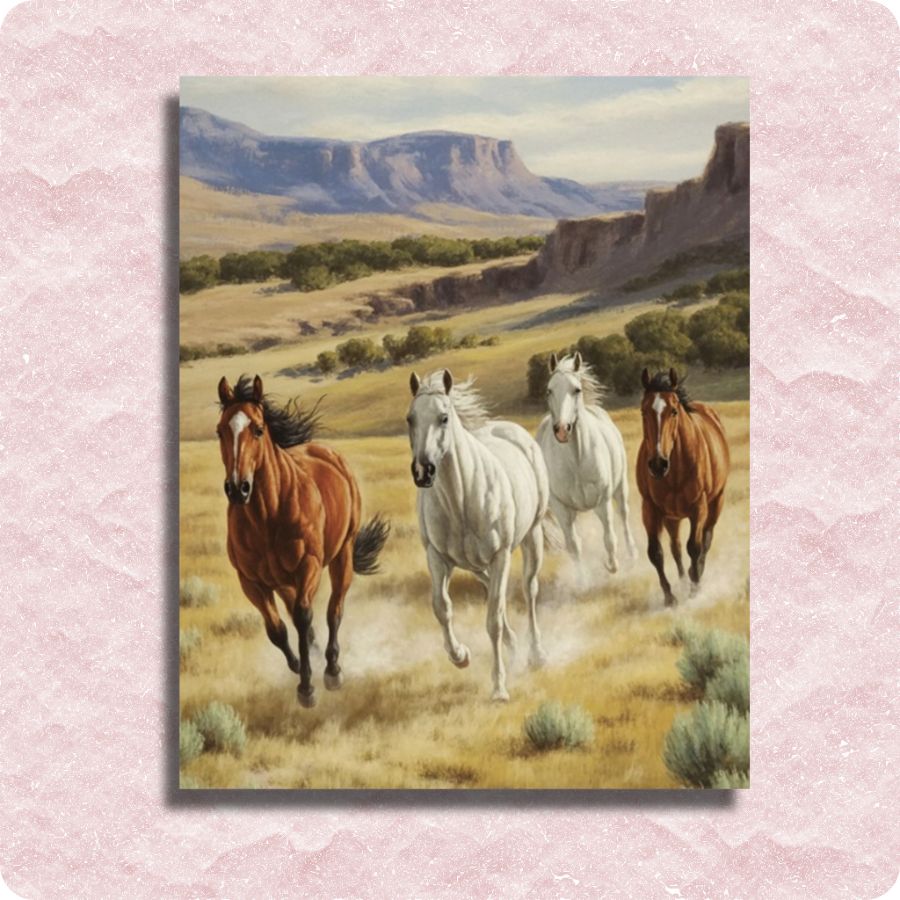 Painting of four horses running in a desert landscape with mountains in the background. Wild horses - Paint by numbers