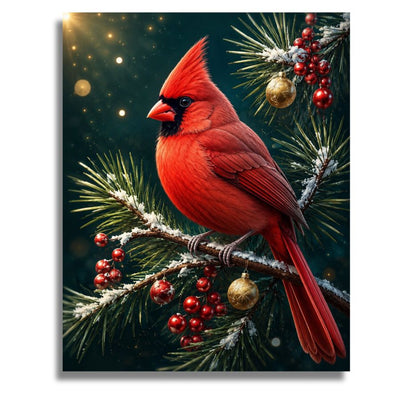 A vertical canvas print featuring a bright red cardinal perched on a snowy pine branch with red berries and gold ornaments against a dark festive background. Winter Cardinal Perch Canvas - Paint by numbers