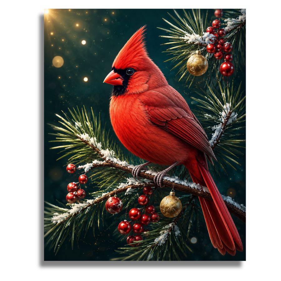 A vertical canvas print featuring a bright red cardinal perched on a snowy pine branch with red berries and gold ornaments against a dark festive background. Winter Cardinal Perch Canvas - Paint by numbers