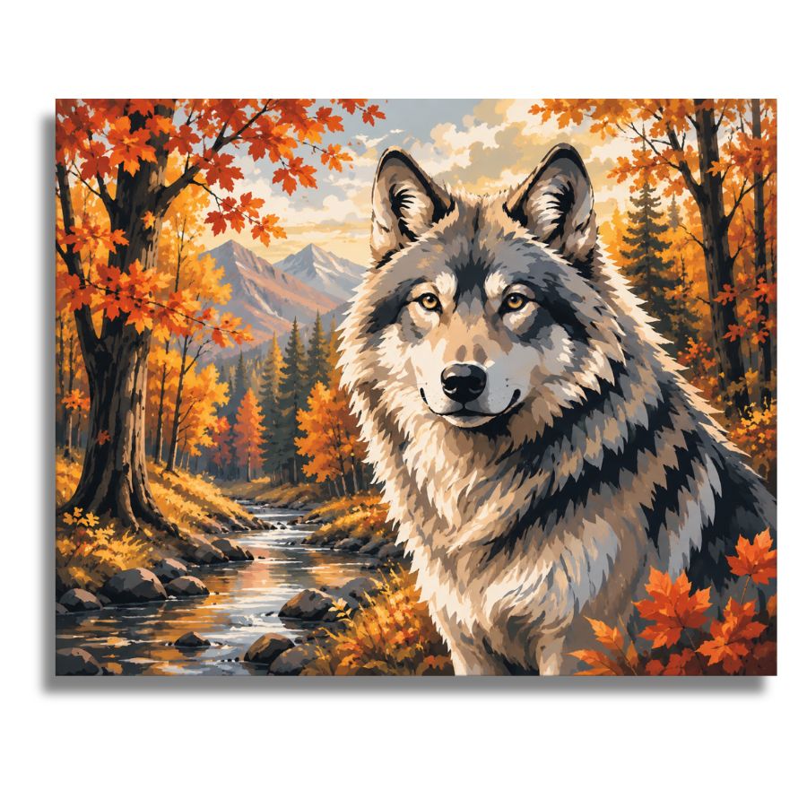 Wolf in a forest with autumn foliage and mountains in the background. Wolf the King of Forest - aint by numbers