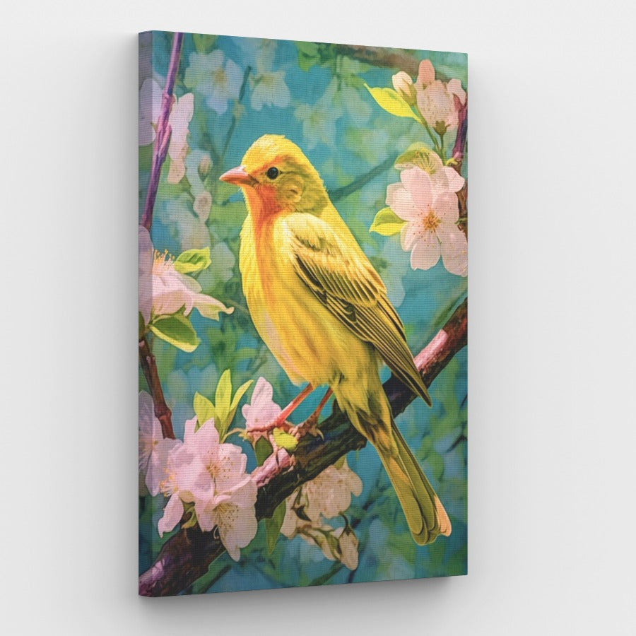 Gelber Vogel in Blumen auf Leinwand – Malen-nach-Zahlen-Shop