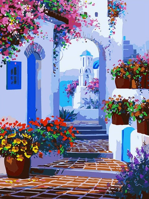 Santorini-straat vol bloemen - Winkel voor schilderen op nummer