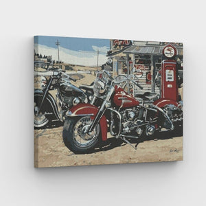 Bikes Resting at Petrol Station Canvas - Painting by numbers shop