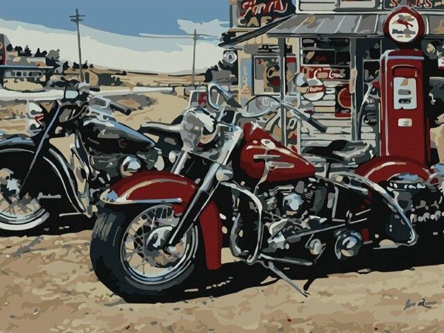 Bikes Resting at Petrol Station - Painting by numbers shop