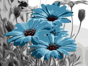 Blaue und graue Blumen malen nach Zahlen
