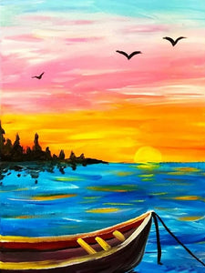 Boot und friedlicher Sonnenuntergang Malen nach Zahlen