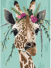 Laad afbeelding in Gallery viewer, Giraffe gekroond met bloemen - Schilderen op nummer winkel