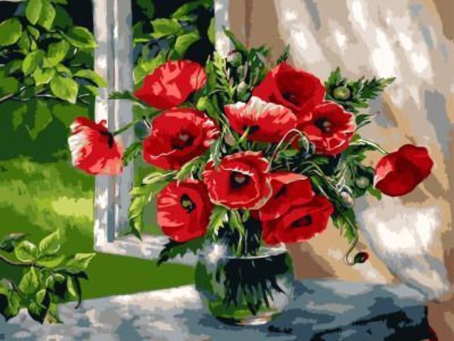 Poppy Flowers on Windowsill - Painting by numbers shop