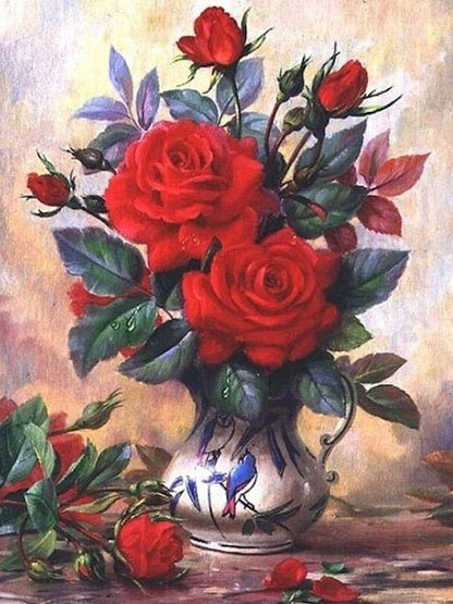Rote Rosen in chinesischer Vase - Malen-nach-Zahlen-Shop